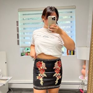 Romeo and Juliet Couture leather skirt with floral embroidery